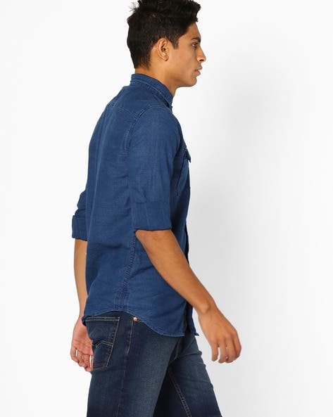 J&J dark Blue men denim shirt