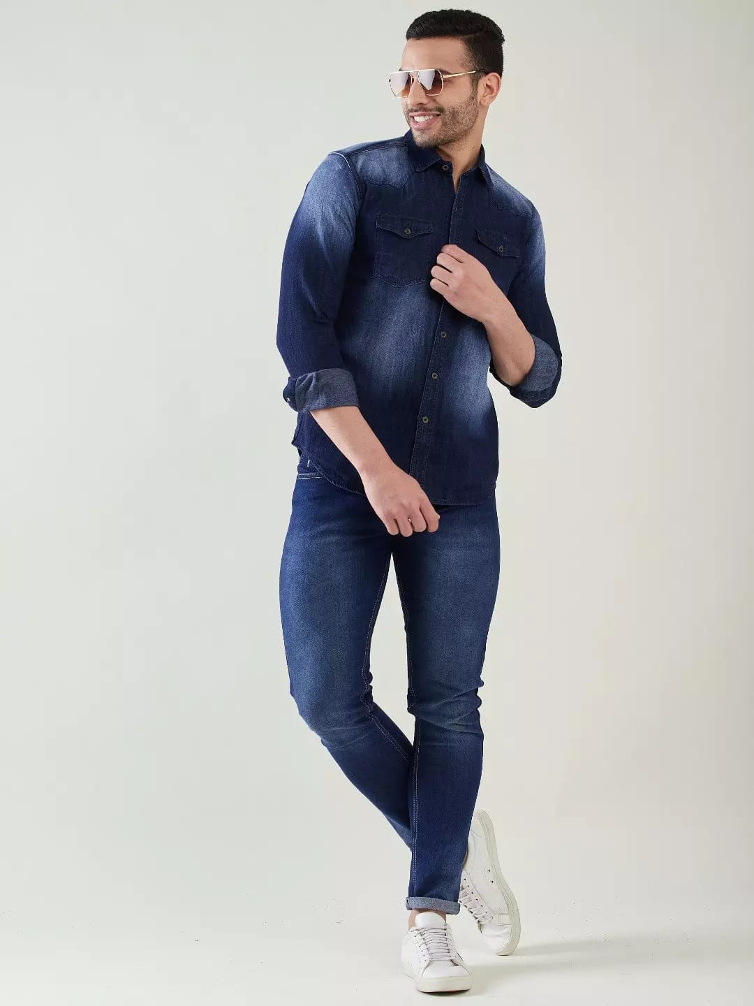 Dark blue double pocket Denim men shirt