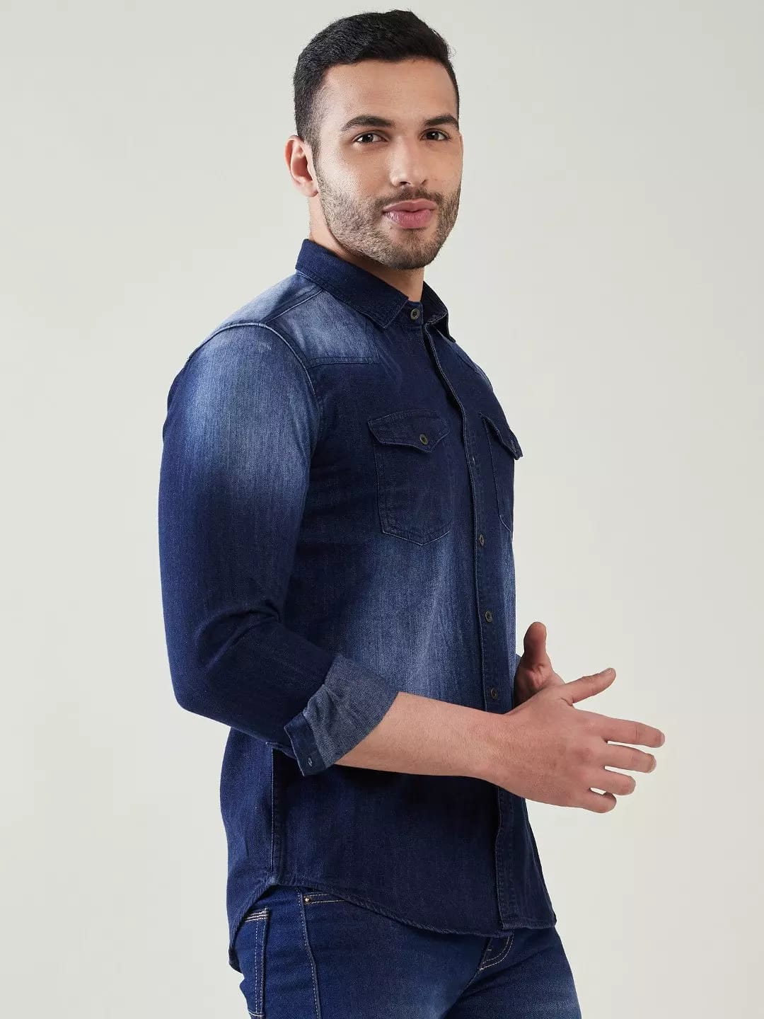 Dark blue double pocket Denim men shirt