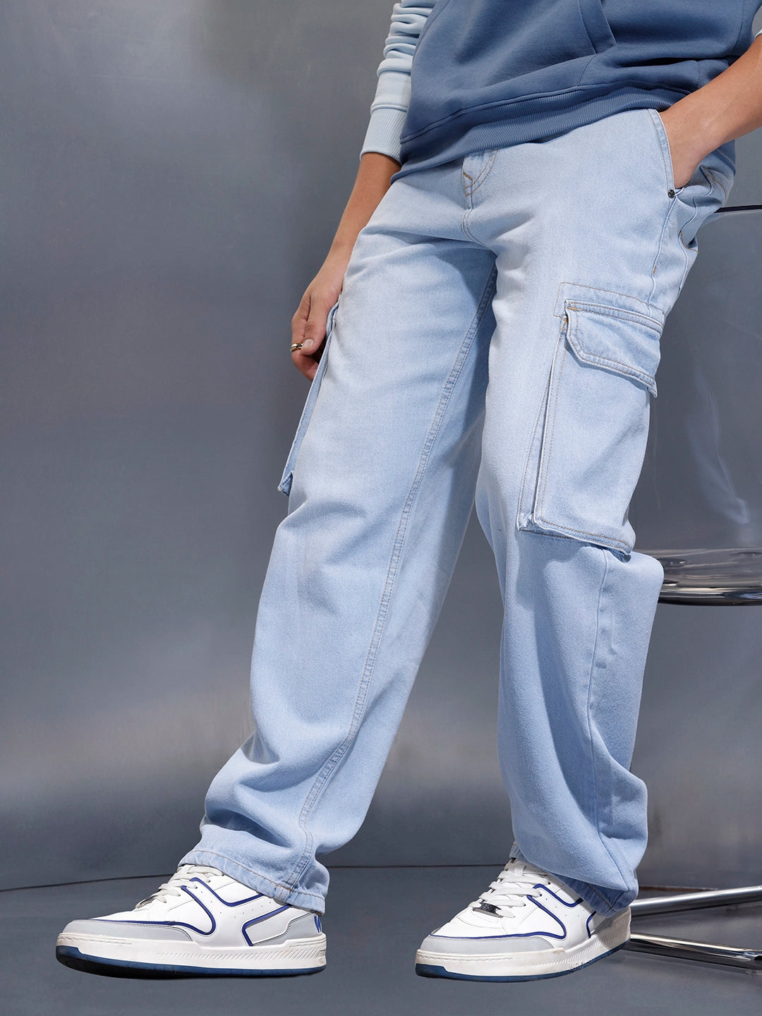 Jack&Jordan sky blue stretchable denim cargo for men