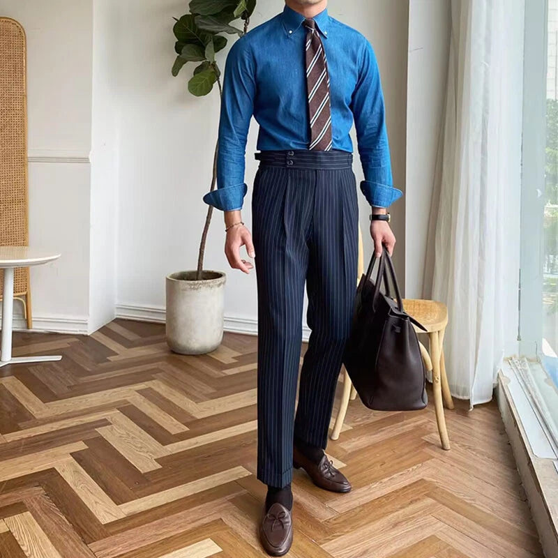 Jack&Jordan Signature pinstripe Dark Navy Blue Premium Italian Pattern Cotton Gurkha Trouser