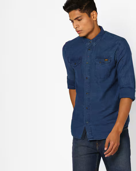 J&J dark Blue men denim shirt