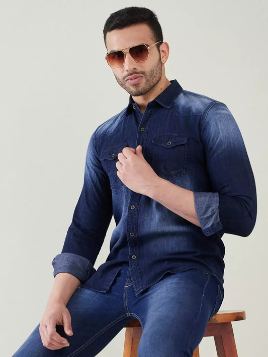 Dark blue double pocket Denim men shirt