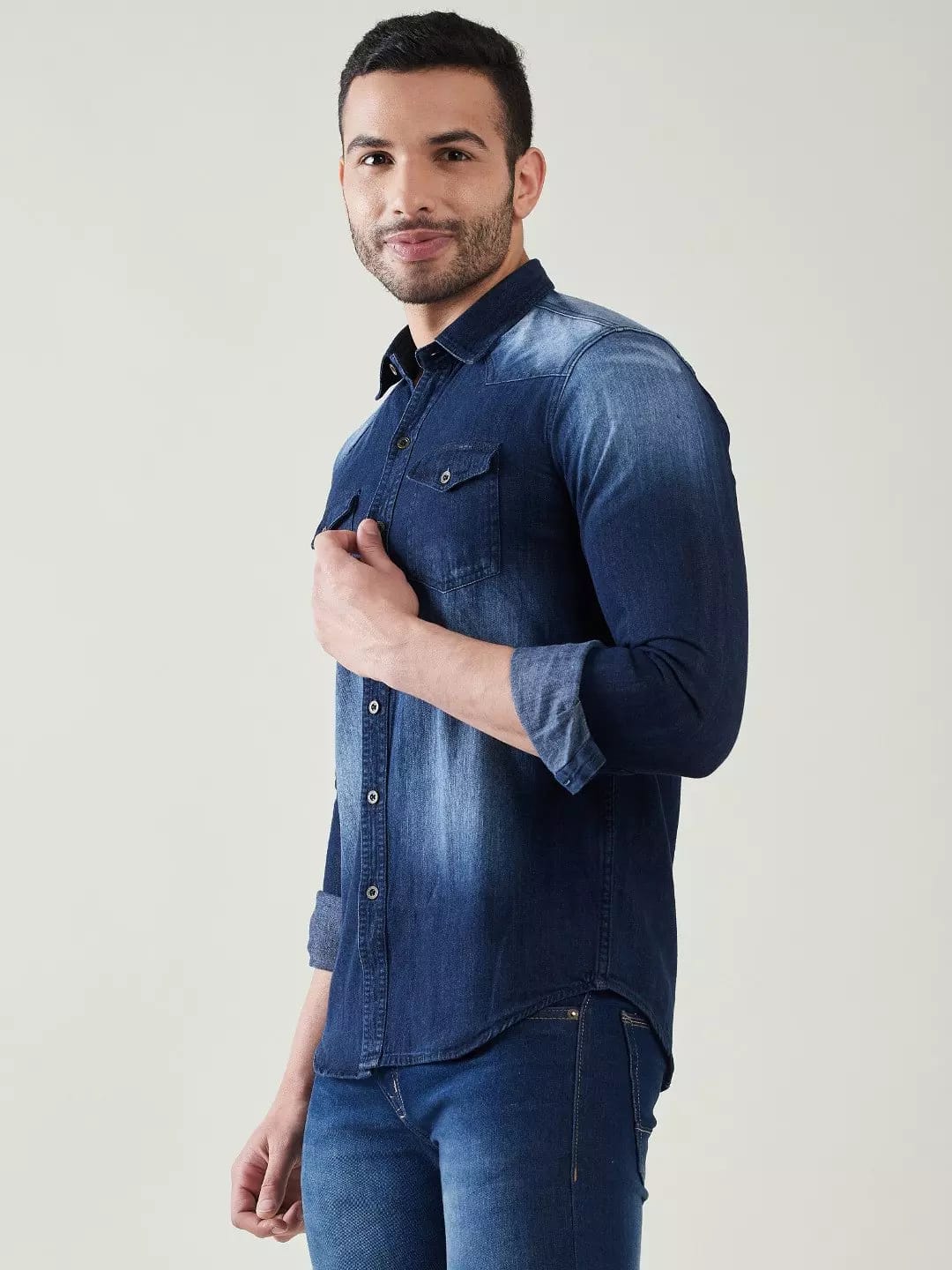 Dark blue double pocket Denim men shirt
