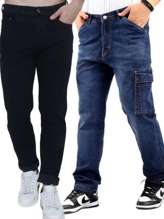 Jack&Jordan Denim Blue men cargo and men black jeans combo set of 2