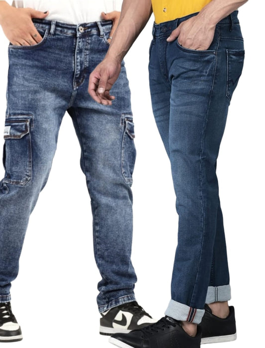 Jack&Jordan Carbon Blue cargo and Dark Blue Men Jeans Combo set of 2