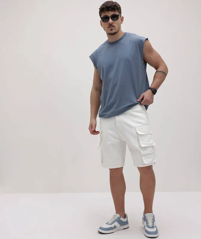 J&J fully stretchable white cargo men shorts