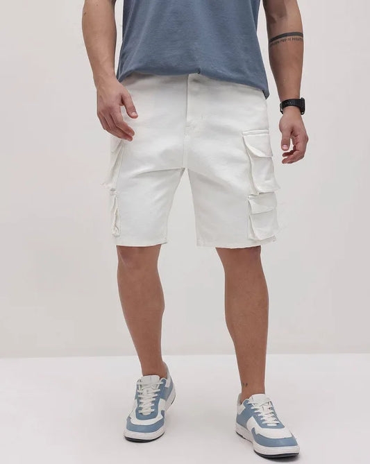 J&J fully stretchable white cargo men shorts