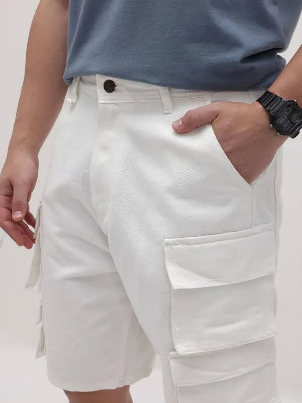 J&J fully stretchable white cargo men shorts